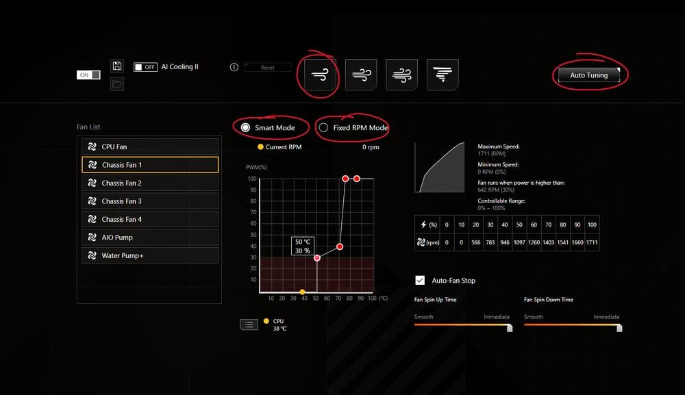 A screenshot of Asus Armoury Crate Smart Mode as we trial different fan curves for a quieter PC.