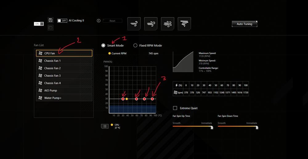 A screenshot of Asus Armoury Crate as we trial different fan curves for a quieter PC.