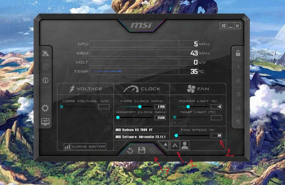 A screenshot of MSI Afterburner, highlighting the one-click options that can help you get a quieter PC.