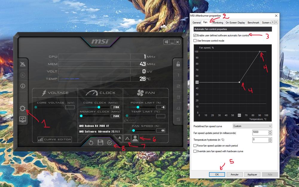 A screenshot of MSI Afterburner, highlighting the curves we've chosen to get a quieter PC.