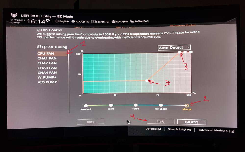 A screenshot of Asus TUF BIOS Q-Fan Control, as we play with the curves to get a quieter PC.