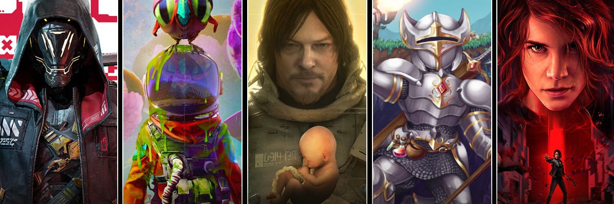 A 505 Games video game banner featuring Death Stranding, Ghostrunner, Control, Terraria, and Journey to the Savage Planet characters.