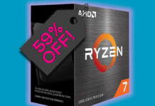 AMD Ryzen 7 5800X CPU in its retail box with a 59% off tag hanging from it.