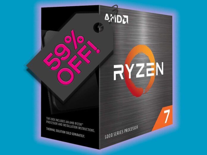 AMD Ryzen 7 5800X CPU in its retail box with a 59% off tag hanging from it.