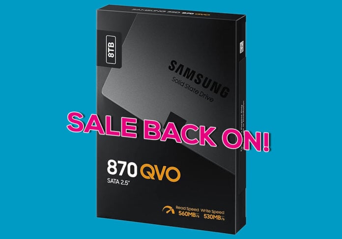 Samsung's cavernous 8TB SSD shown in original packaging with Sale Back On messaging.