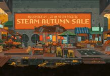 A pixel art market picture representing the Steam Autumn Sale.