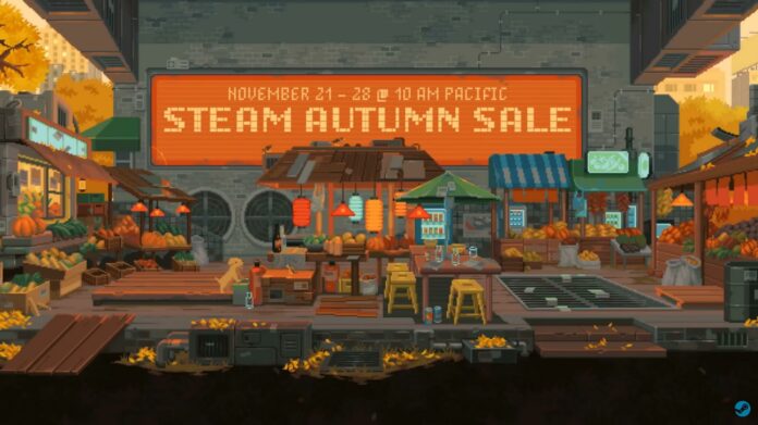 A pixel art market picture representing the Steam Autumn Sale.