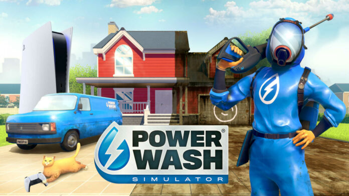 A powerwasher standing in front of a dirty house with a truck and PlayStation 5 on the side.