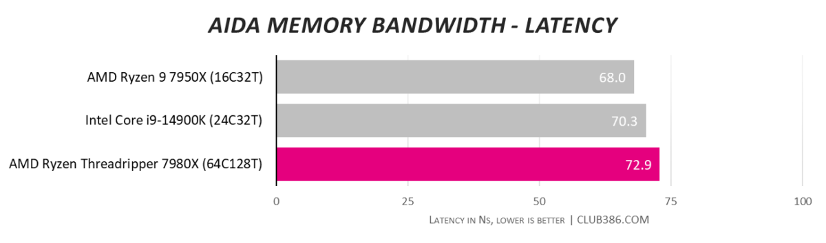 AMD Ryzen Threadripper 7980X performance in AIDA memory bandwidth latency test.