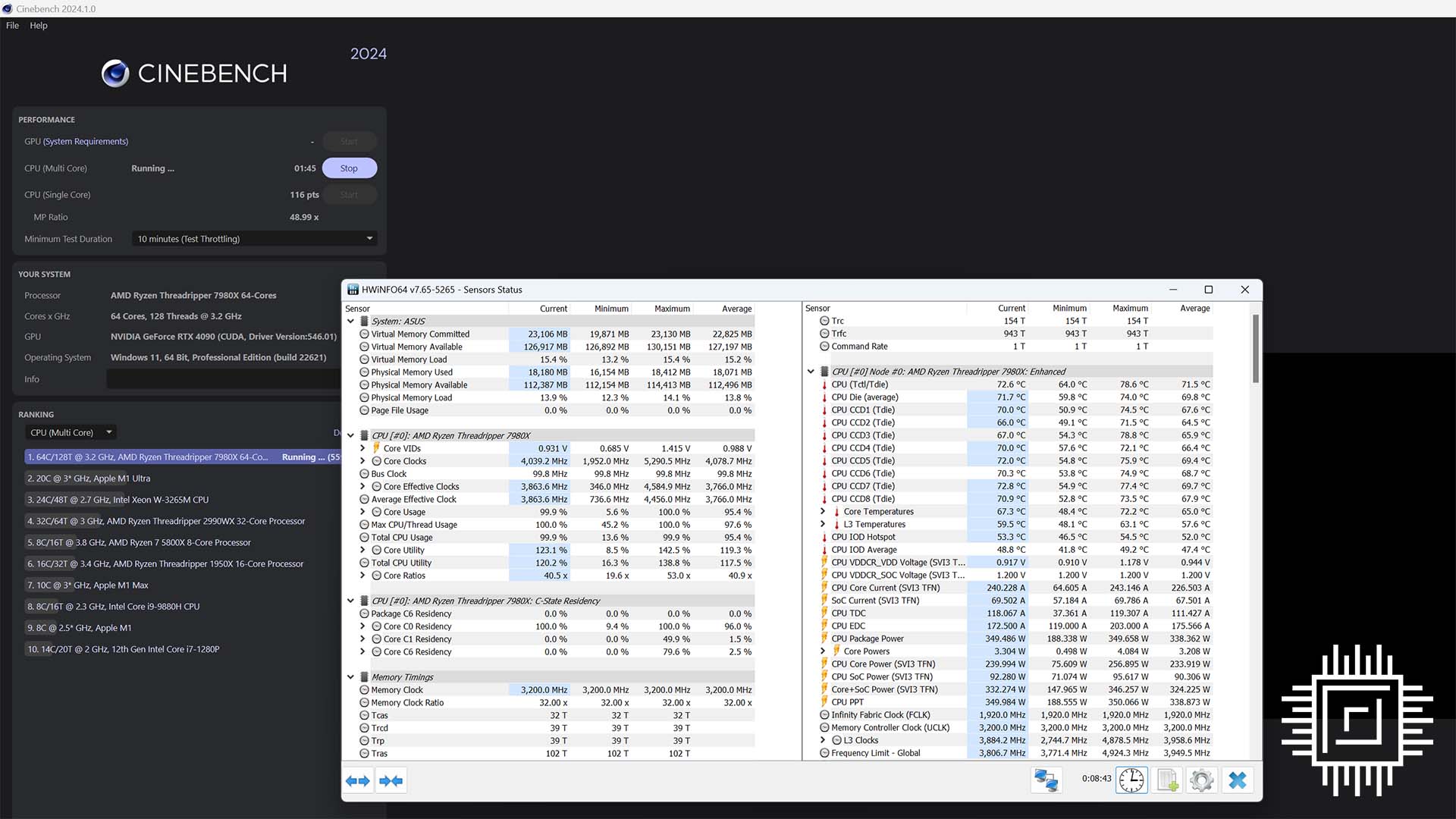 Power consumption and temperature for Ryzen 7980X when cooled by an MSI CoreLiquid S360 AIO.