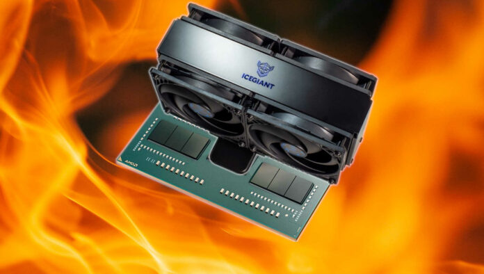 AMD Ryzen Threadripper PRO 7995WX with IceGiant ProSiphon Elite cooler on top.