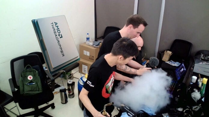 AMD Threadripper Pro 7995WX CPU being overclocked using liquid nitrogen.