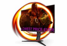 The AOC Gaming Q27G2S monitor with a Viking coming out of the screen and 'lowest price ever' written in front of him.