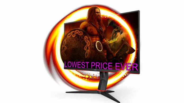 The AOC Gaming Q27G2S monitor with a Viking coming out of the screen and 'lowest price ever' written in front of him.