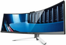 Agon by AOC 49in Porsch Design Ultrawide monitor front side view.