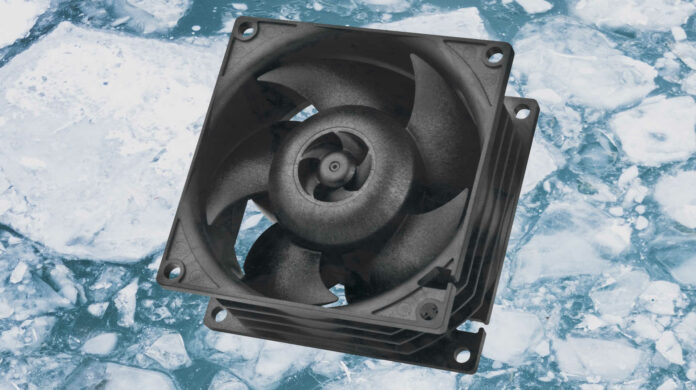 Arctic S8038 server fan on a melting ice background.