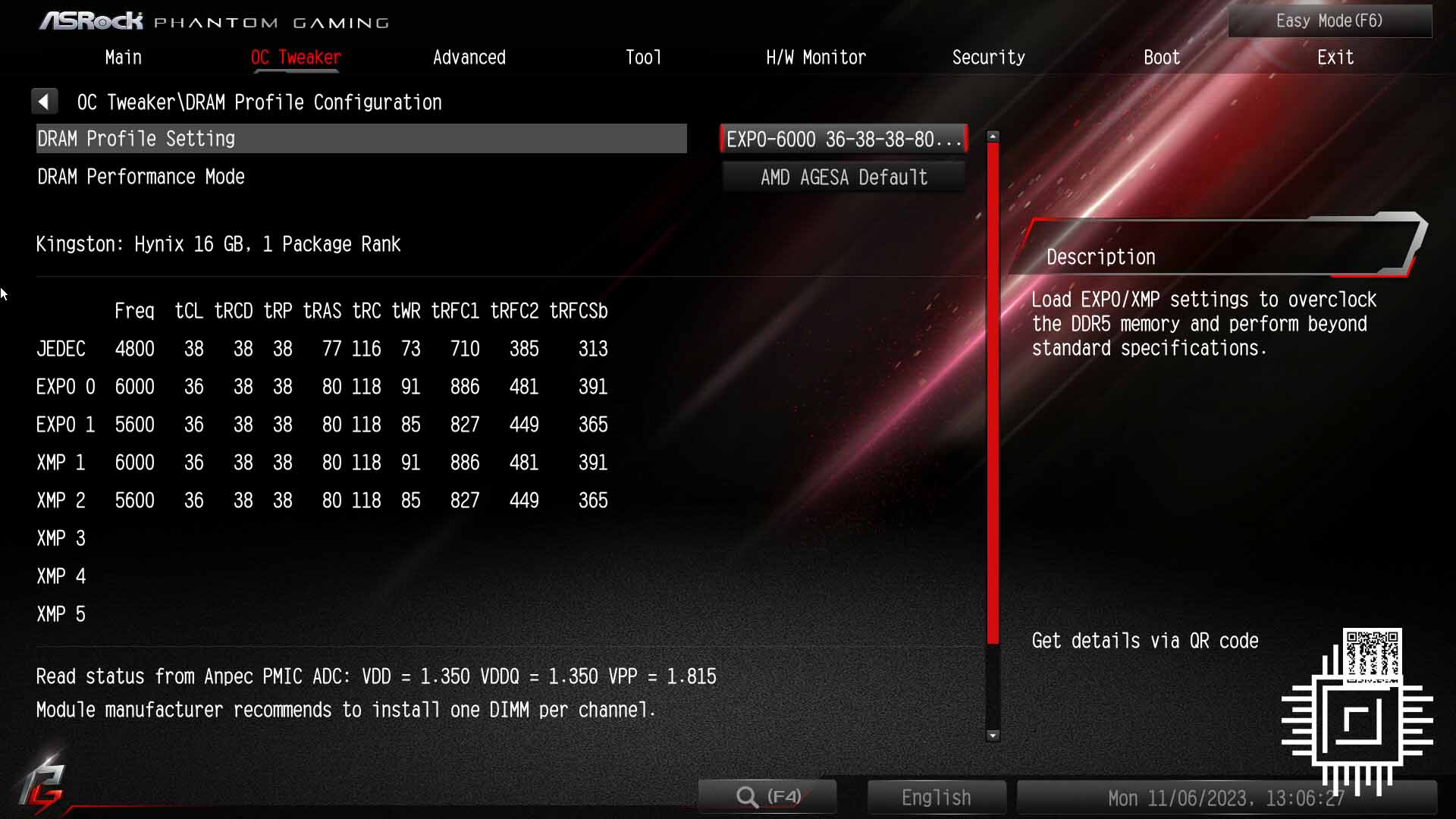ASRock PG B650I Lightning WiFi BIOS depicting DDR timings.