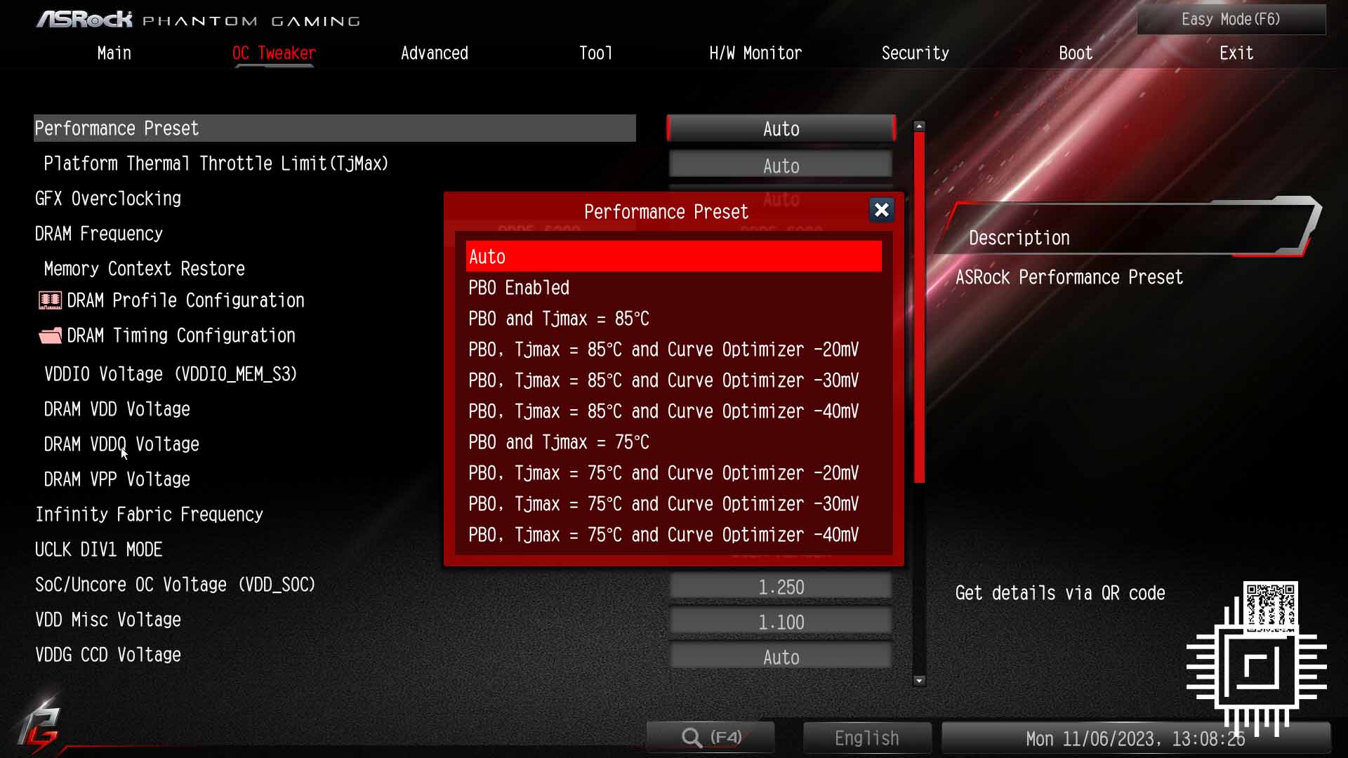 ASRock PG B650I Lightning WiFi BIOS temperature settings.