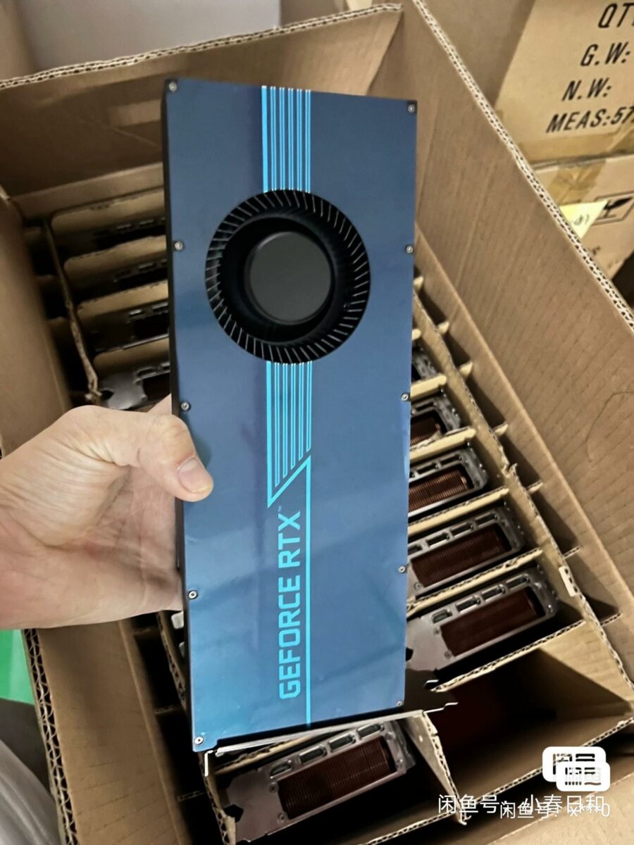 Blue modified RTX 3080 graphics card with 20GB of VRAM and a blower style cooler.
