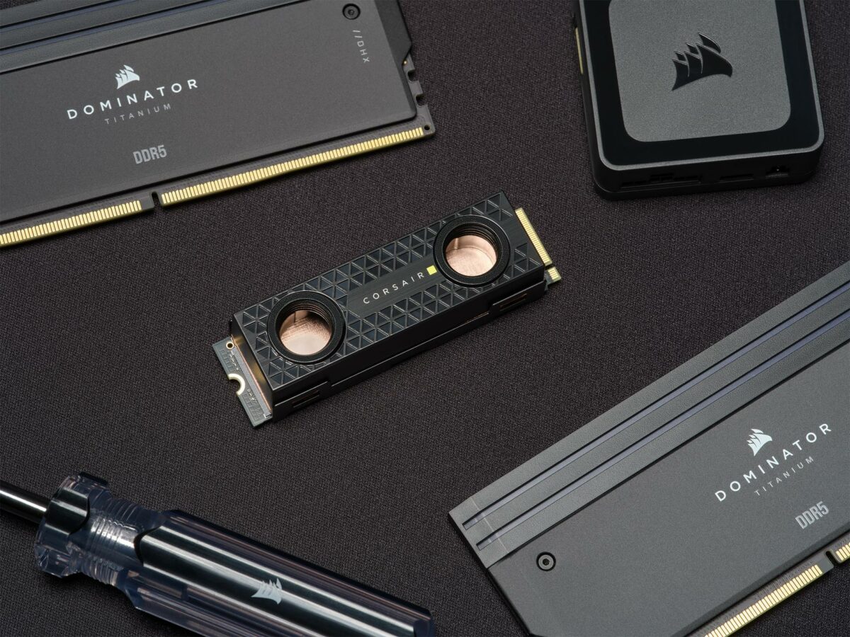 Corsair MP700 Pro M.2 SSD with a liquid cooling block.