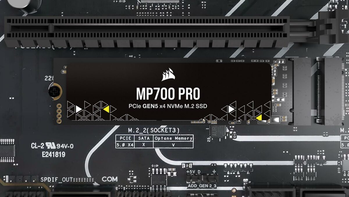 Corsair MP700 Pro M.2 SSD without any cooling and a Corsair sticker on the front.