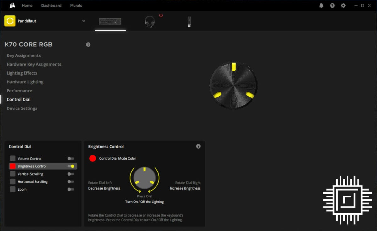 Corsair iCUE software dial settings.