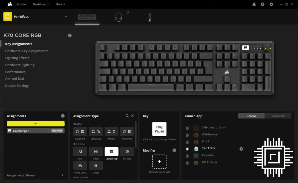 Corsair iCUE software key assignment section.