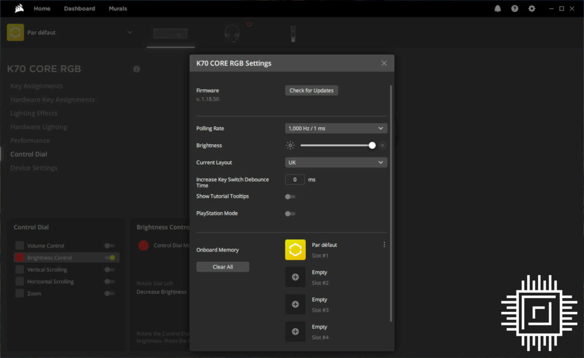 Corsair iCUE software keyboard settings.