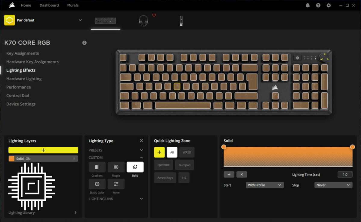 Corsair iCUE software lighting effect control.