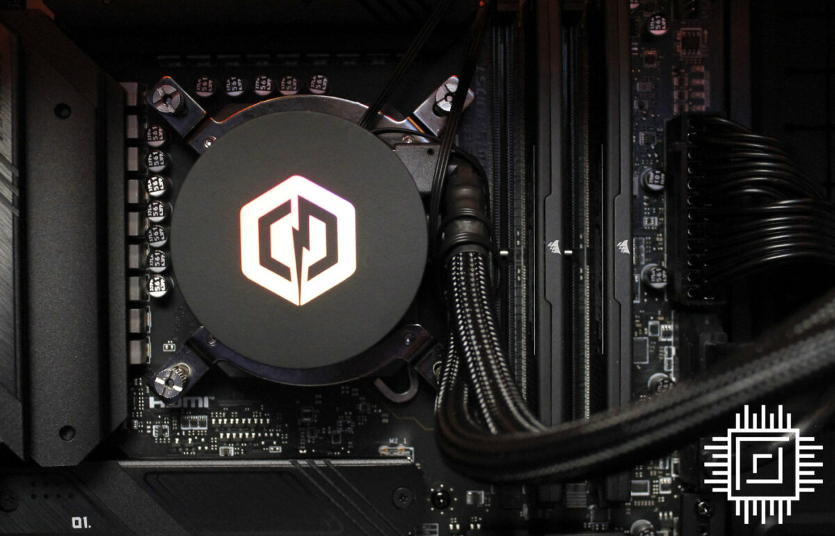 A close-up of the AIO cooler inside the Cyberpower Infinity X147 GRE gaming PC.