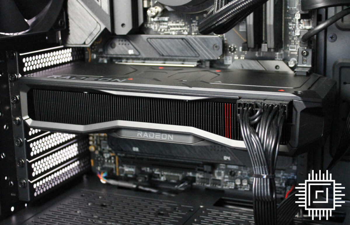 A close-up of the AMD Radeon RX 7900 GRE graphics card inside the Cyberpower Infinity X147 GRE gaming PC.