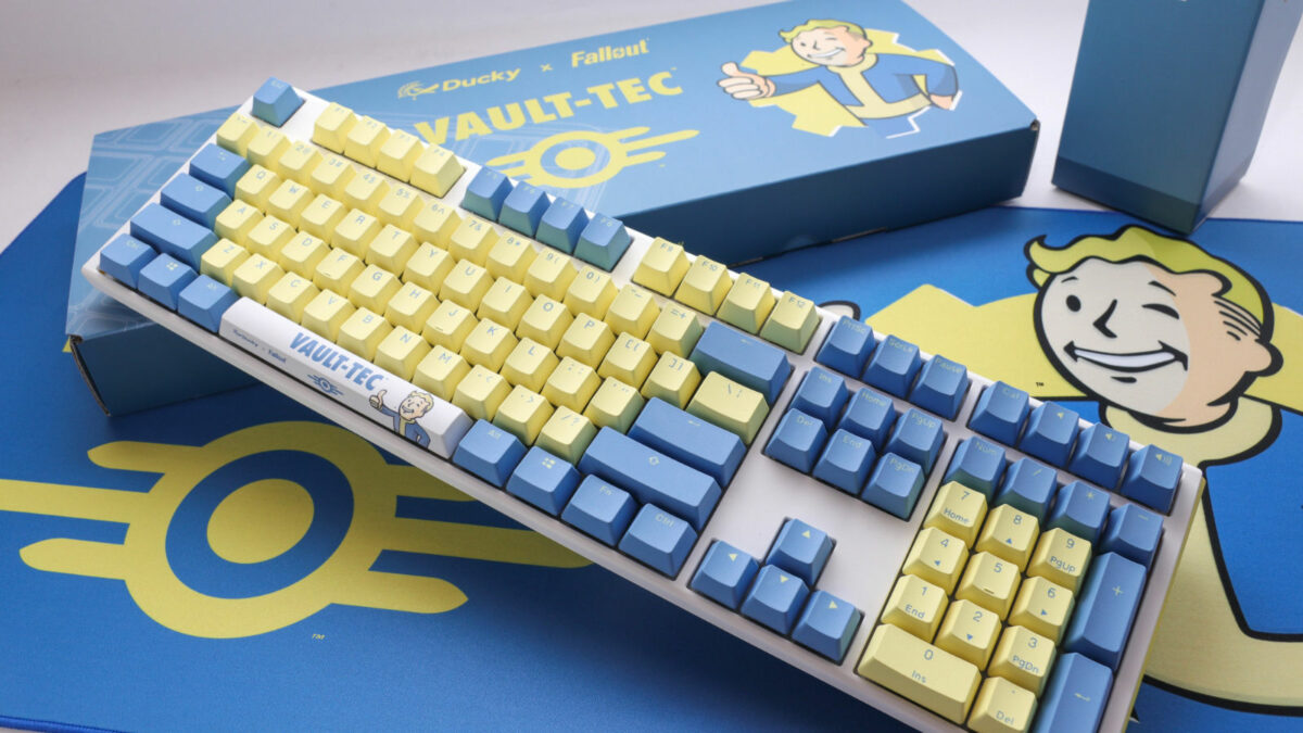 Ducky's limited edition Fallout gaming keyboard on top of a Fallout mouse pad.
