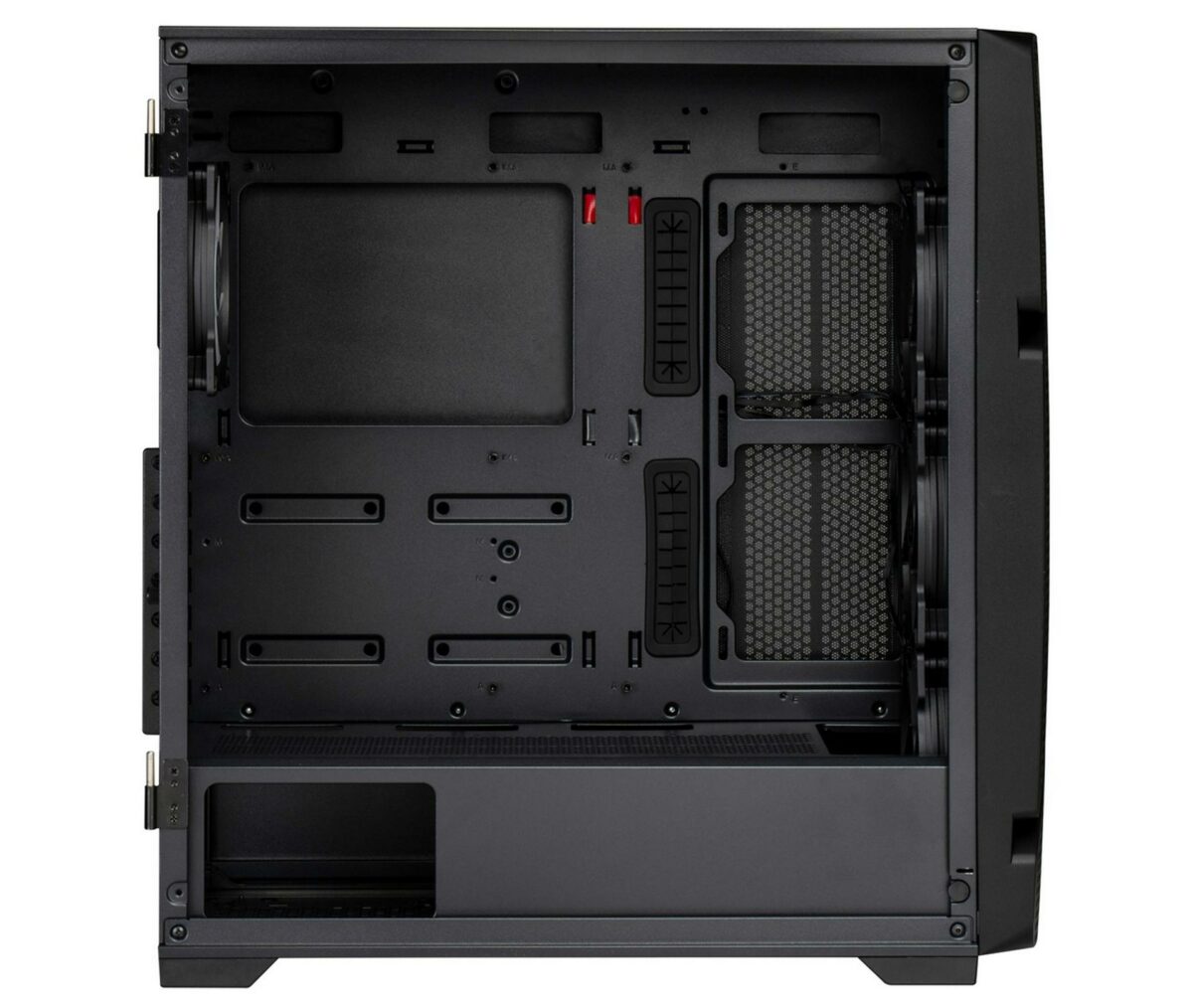 Enermax MS31 black PC case left side panel removed to showcase the interior.