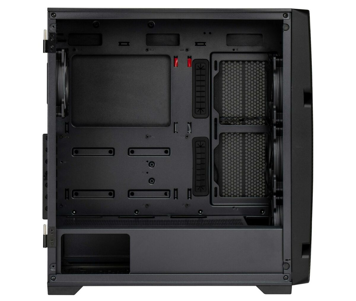 Enermax MS31 black PC case left side panel removed to showcase the interior.