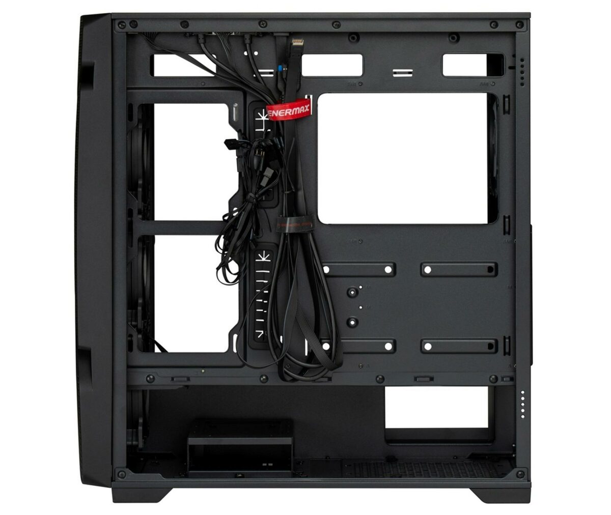 Enermax MS31 black PC case with the right side panel taken off, displaying the cable management.