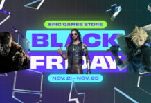 Epic Deals Black Friday Header Featuring Cloud Johnny Silverhand, and Dying Light Ghoul.