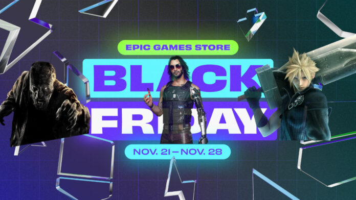 Epic Deals Black Friday Header Featuring Cloud Johnny Silverhand, and Dying Light Ghoul.
