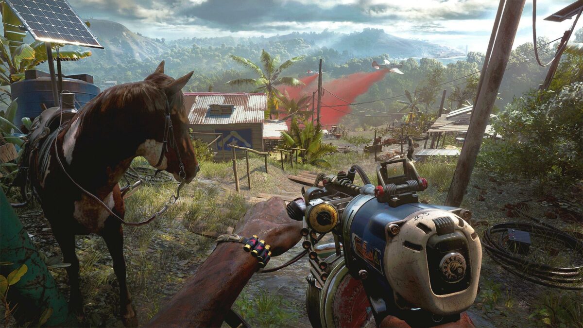 Dani Rojas holding a flamethrower next to a horse in Far Cry 6.