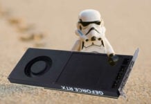 Galax single-slot RTX 4060 Ti Max held by a Stormtrooper.