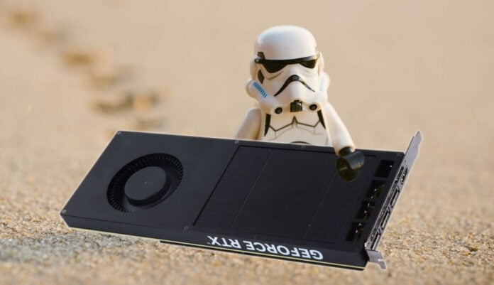 Galax single-slot RTX 4060 Ti Max held by a Stormtrooper.