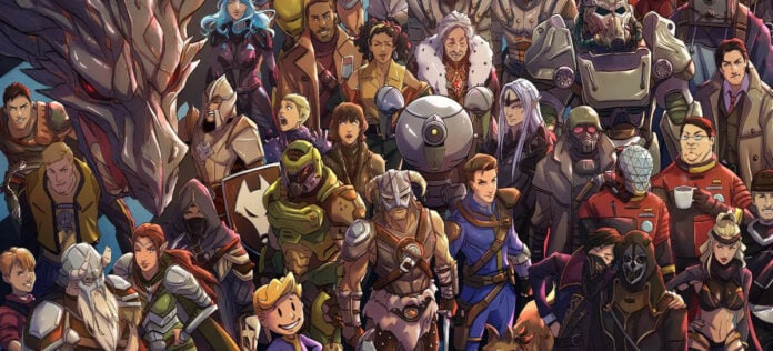 Hero Image depicting all of Bethesda's video game characters including Vault Boy, Dragonborn, The Soul Survivor and more.