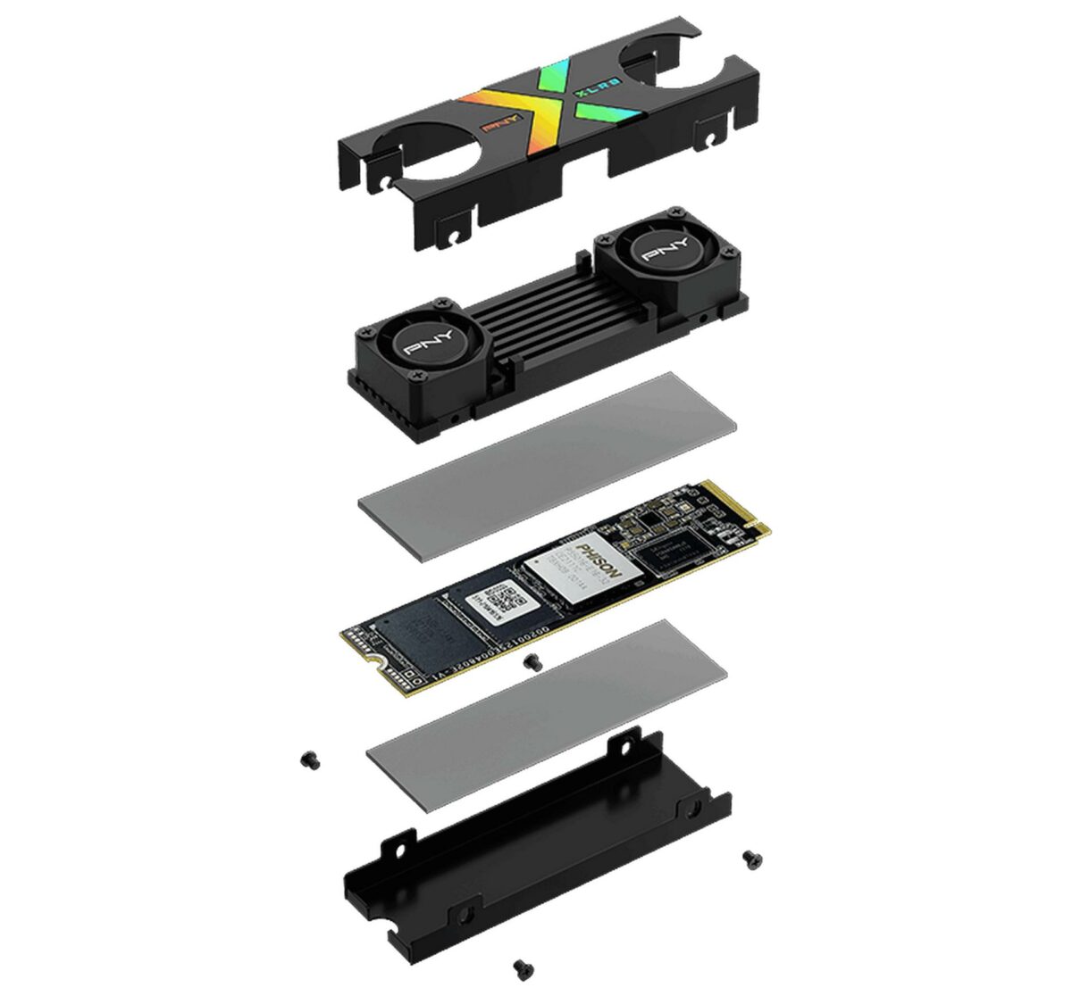 Inside PNY CS3150 PCIe Gen 5 SSD with RGB heatsink, showing the many layers.