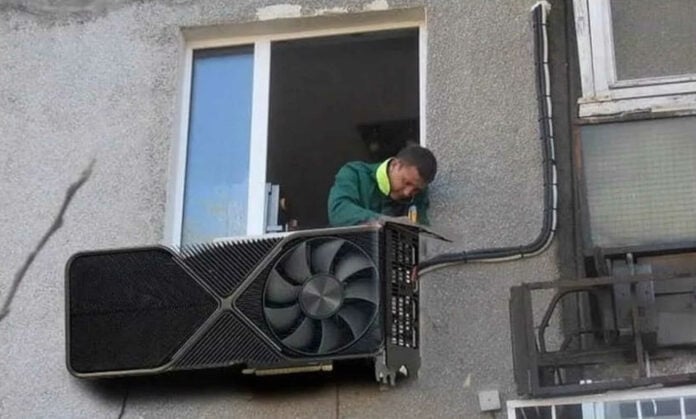 Meme showing a professional installing a giant Nvidia RTX graphics card in place of air conditioning.