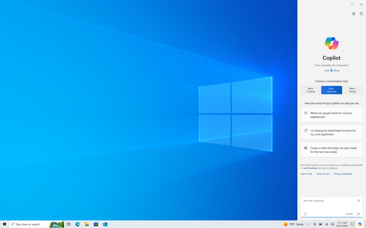 Windows 10 with Microsoft Copilot AI Assistant open on the desktop.