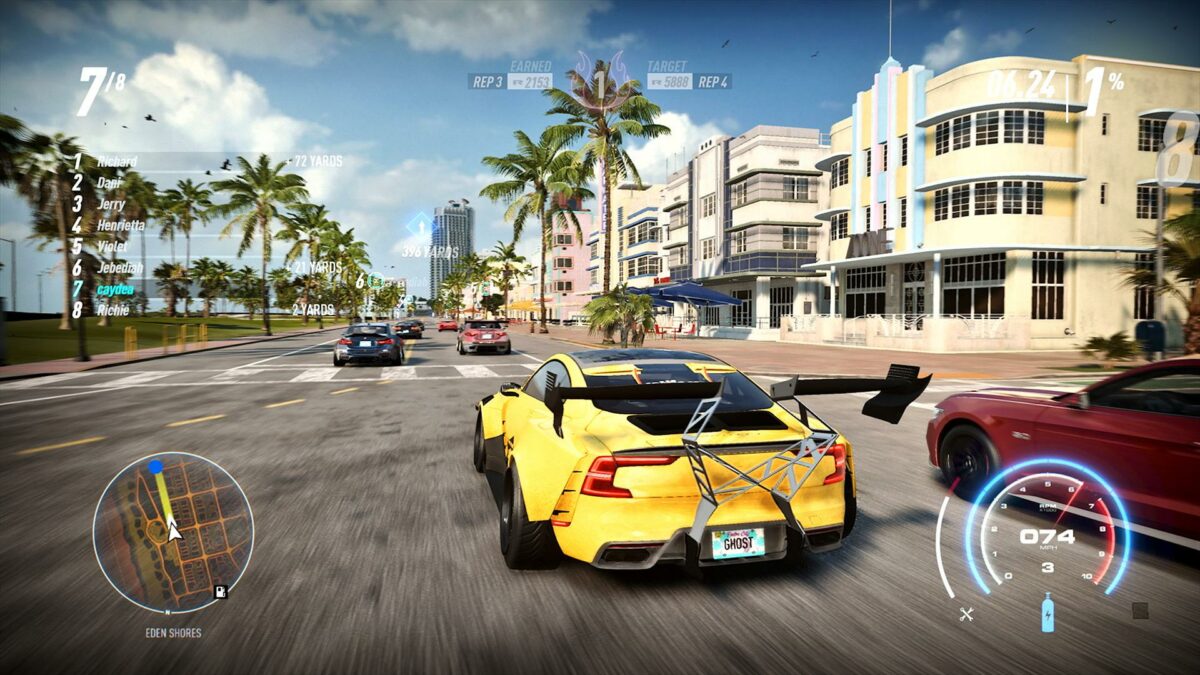 A racing car speeds down a Miami-like highway past palm trees in Need for Speed Heat.