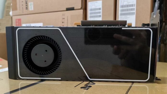 Nvidia RTX 4090 AI Blower graphics card with black shroud and single fan.