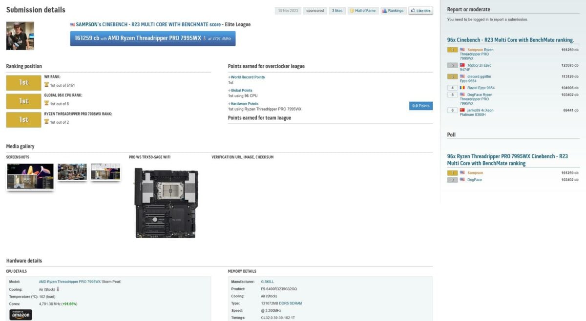 Sampson's first place spot in HWBot using AMD's Ryzen Threadripper PRO 7995WX.