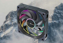 Seasonic MagFlow 120 ARGB fan on a mountain background.