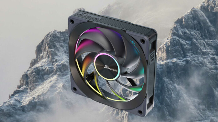 Seasonic MagFlow 120 ARGB fan on a mountain background.