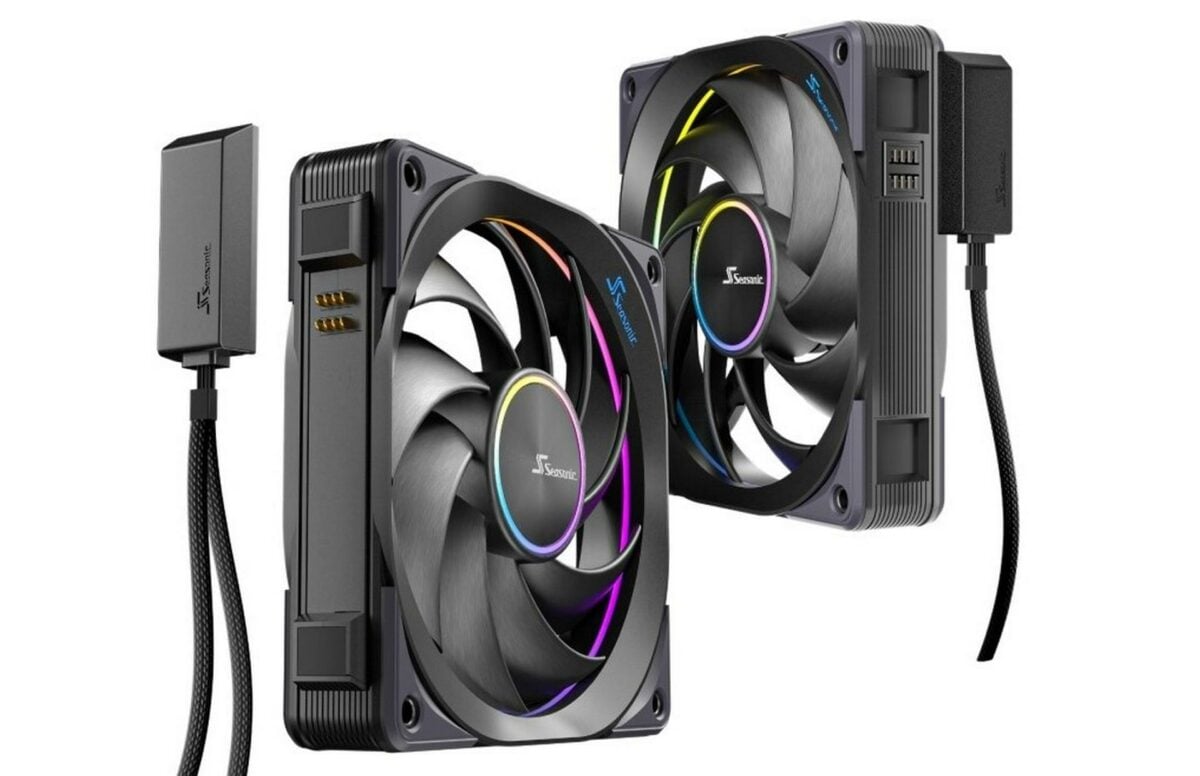 Seasonic MagFlow 120 ARGB fan with magnetic cables and colourful lighting.